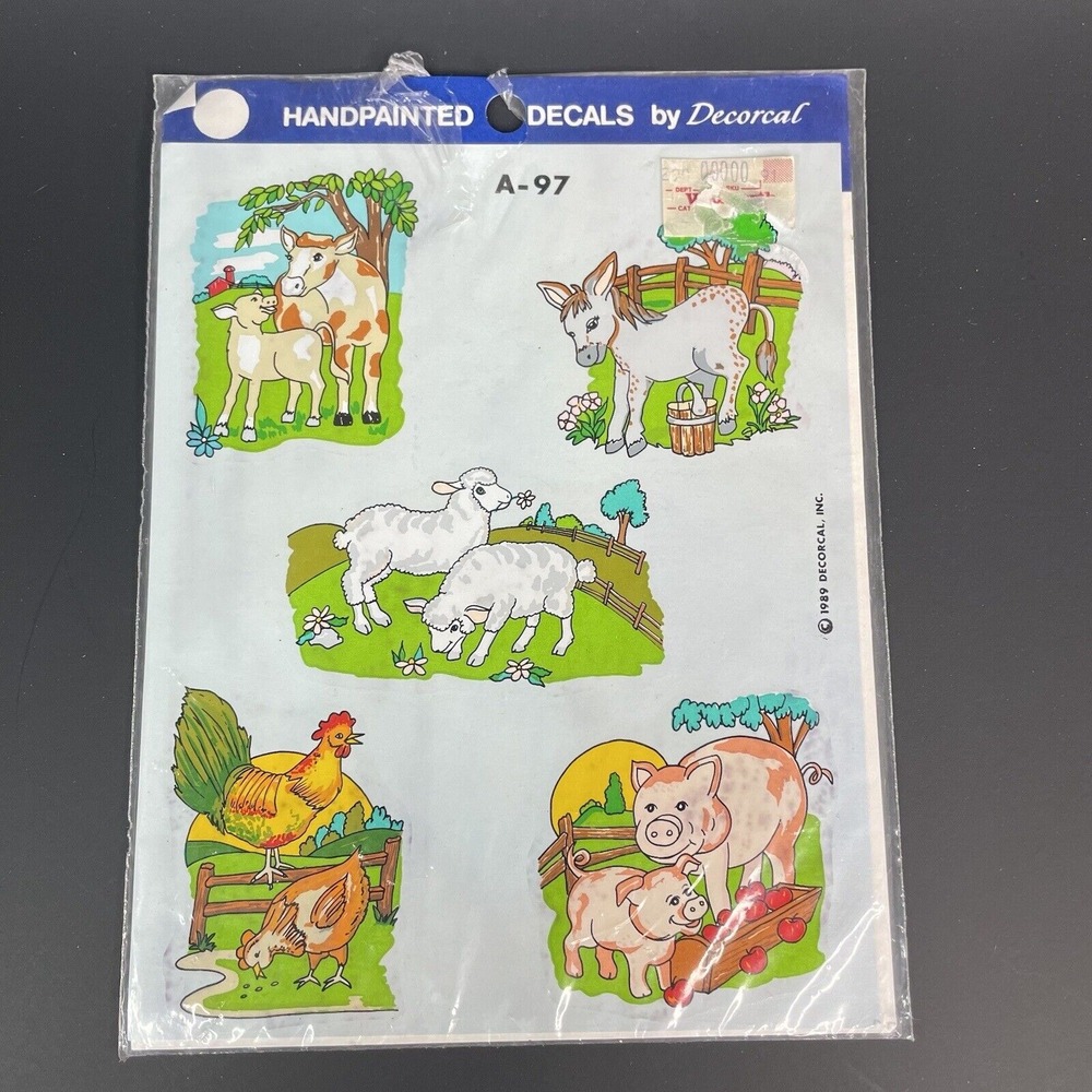 Vtg Decoral Hand‎ Painted Decals Farm Animals Cow Sheep Pig Chicken Donkey 1989